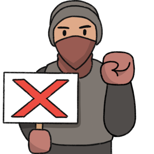 a person holding up their fist, and a sign with a red X. They have a serious expression, tan skin, and wear dark clothing and a bandana over the lower half of their face.